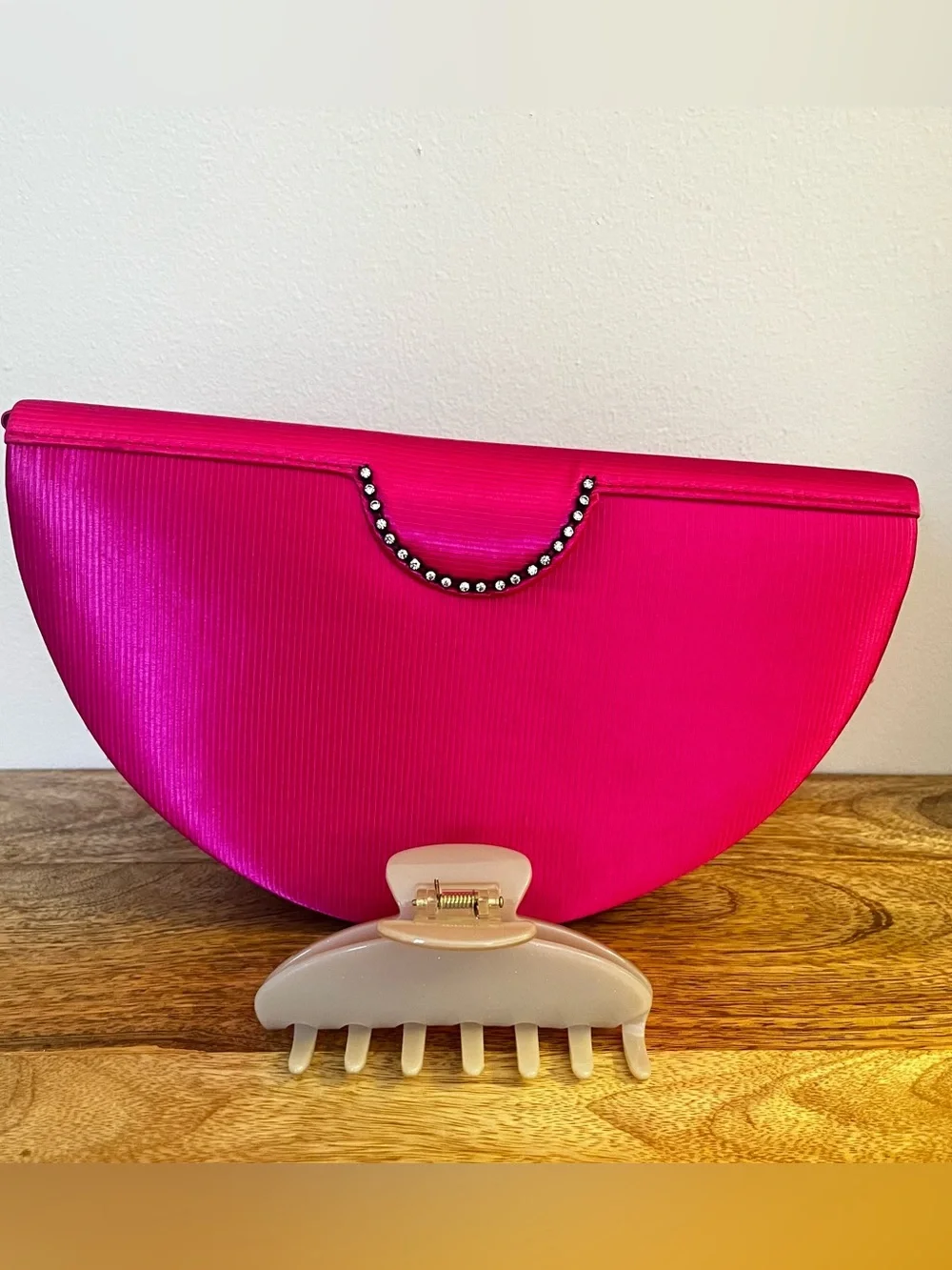 Vintage Deadstock Italian Hot Pink Satin Half Moon Clutch Bag